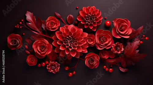 A geometric arrangement of red flowers. Valentine, christmas, wedding, fashion event card. 