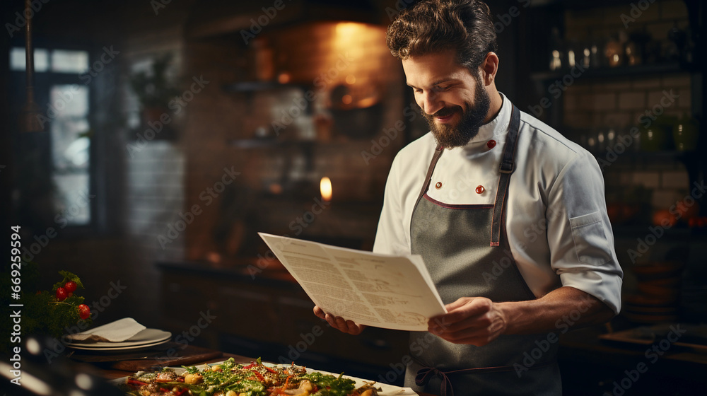 smiling chef is cooking a tasty meal in the kitchen of a restaurant smiling chef is cooking a tasty meal in the kitchen of a restaurant