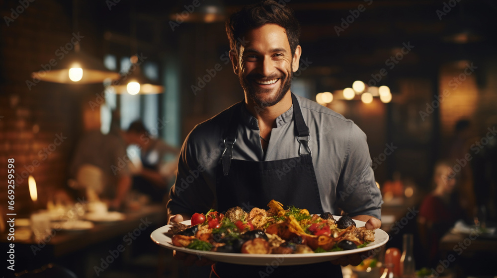 smiling chef is cooking a tasty meal in the kitchen of a restaurant smiling chef is cooking a tasty meal in the kitchen of a restaurant