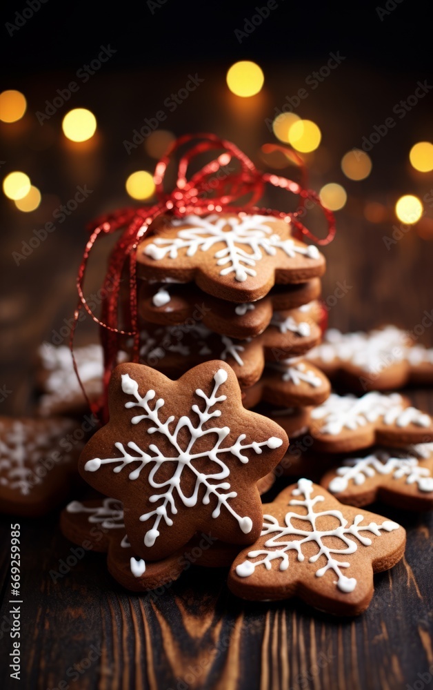 Christmas gingerbread cookies on a wooden background with bokeh lights