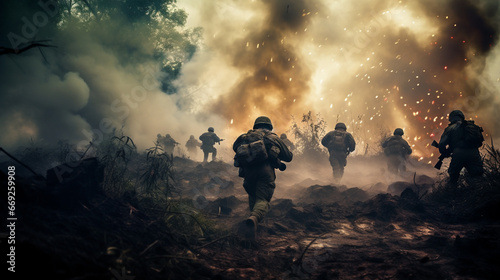 Soldiers with Rifles Advancing through Smoke