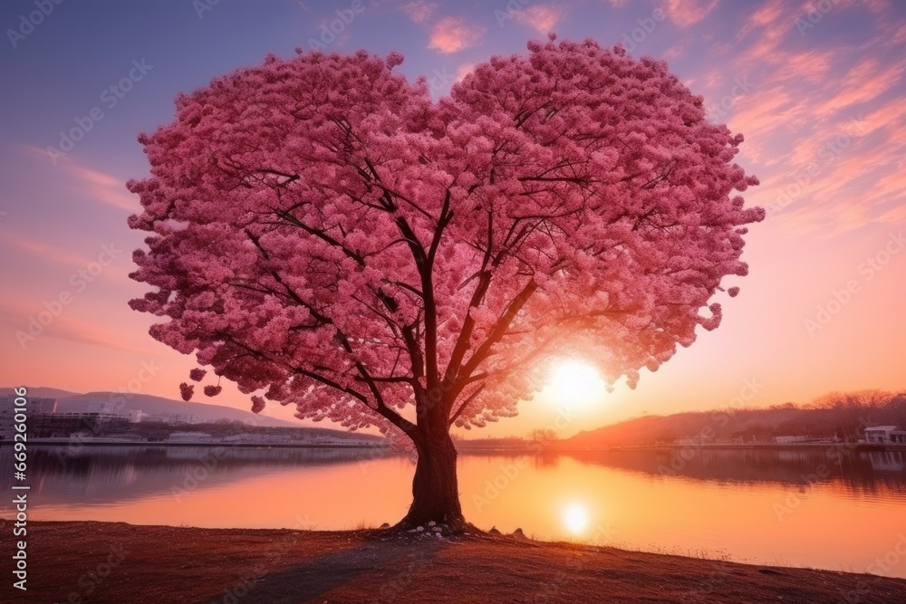 Red Heart Shaped Tree on sunset. AI Generated