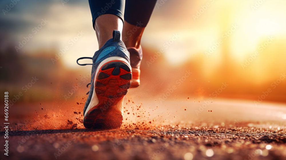 Runner woman feet running on road closeup on shoe. Female fitness model sunrise jog workout. Sports healthy lifestyle concept. - obrazy, fototapety, plakaty 