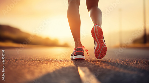 Runner feet running on road closeup on shoe. woman fitness sunrise jog workout welness concept.