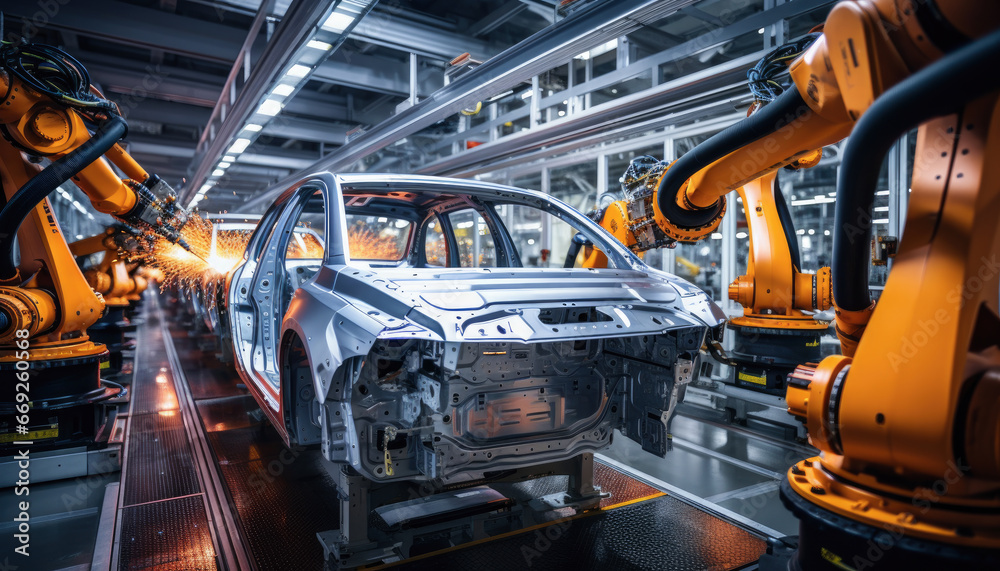 modern automobile production plant with robots assembling vehicles with precision