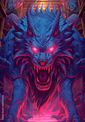 The red and blue dragon's monster. Poster art of a dragon's monster with glowing eyes in the style of Japanese comics. Design illustration in full magenta and blue colors.