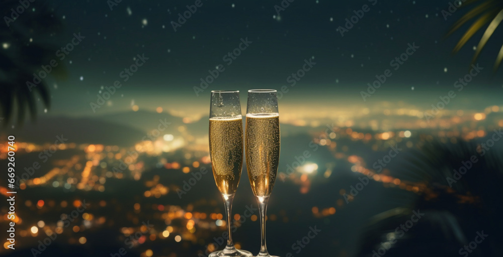 Coupes de champagne et bouteille, célébration et fête. Ambiance festive, nouvel an, anniversaire. Pour conception et création graphique. - obrazy, fototapety, plakaty 