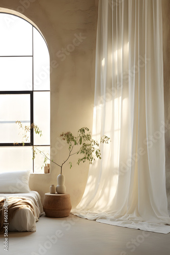 A room with a white sheer curtain in it, in the style of industrial angles, curvaceous simplicity, mediterranean landscapes, light black and beige, sun-soaked colours, minimalist textiles