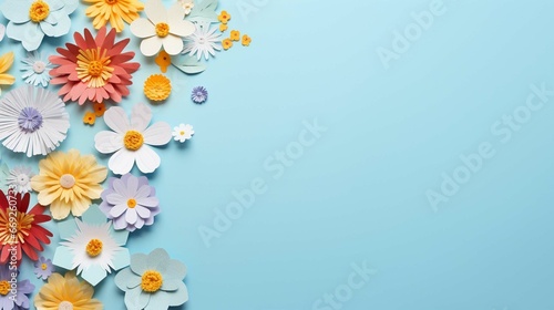 top view of colorful paper cut flowers with green leaves on blue background with copy space, generative ai   © Ahtesham