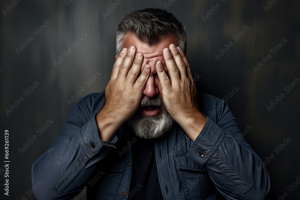 mature man covering his face to escape from his problems mature man covering his face to escape from his problems