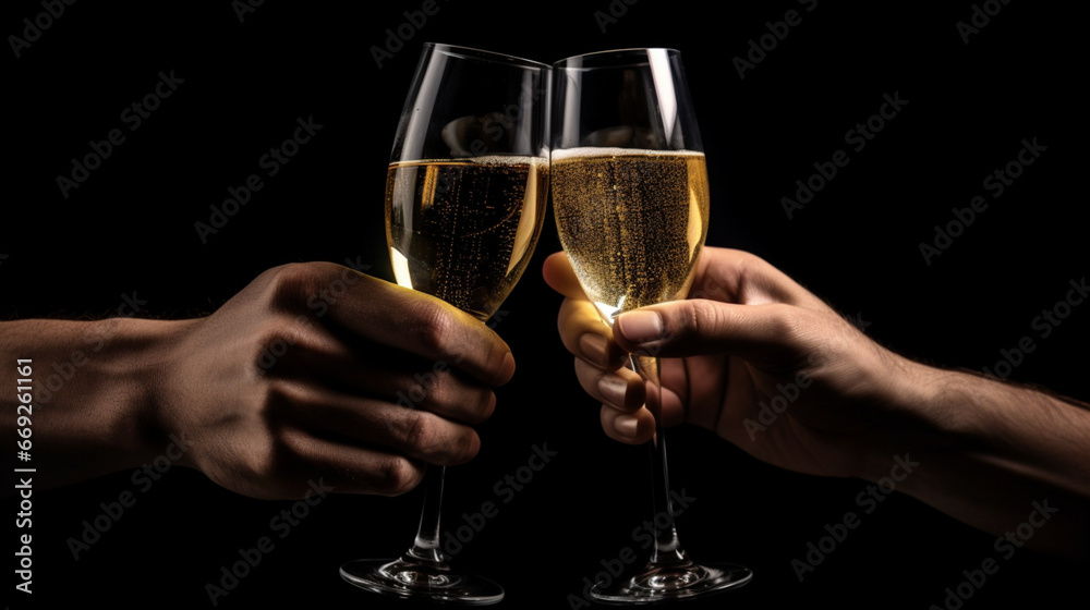 Trinquer avec des coupes de champagne et bouteille, célébration et fête. Mains, humains. Ambiance festive, nouvel an, anniversaire. Pour conception et création graphique.