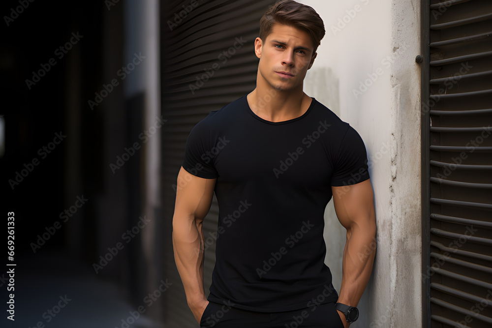 Um lindo rapaz modelo de camiseta preta em um ambiente urbano Um lindo rapaz modelo de camiseta preta em um ambiente urbano