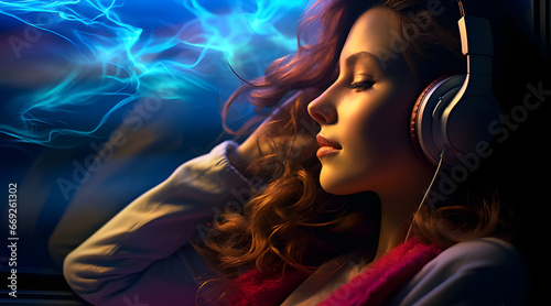 Uma linda mulher com fone de ouvidos relaxando com um fundo de moderno de luzes photo