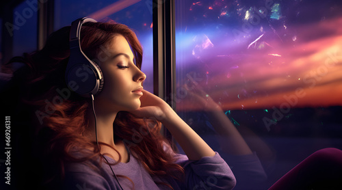 Uma linda mulher de olhos fechados relaxando com fones de ouvido em frente uma janela