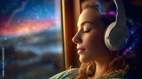 Mulher relaxando ouvindo musica com fone de ouvido e luzes envolta do fone como se fossem as notas musicais.  photo