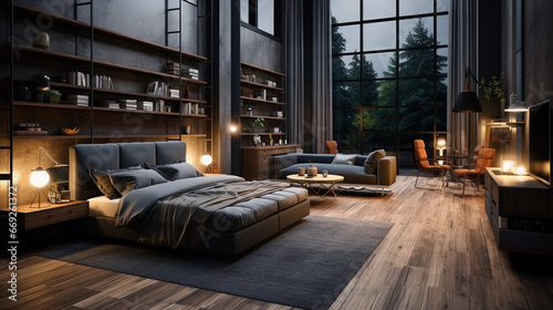 Dark colored bedroom with a lot of windows