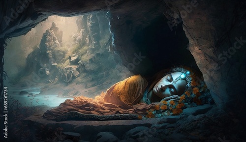 Lord krishna cave sleep night vishnu wallpaper image AI generated art photo