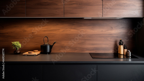modern kitchen interior with sink and faucet on wooden wall.