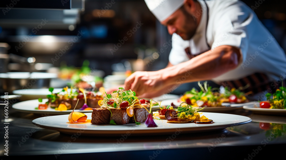 male chef decorating dish with tasty food at table in kitchen male chef decorating dish with tasty food at table in kitchen