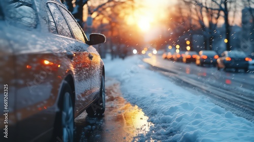 Dynamic shot of a car maneuvering in winter city traffic after rain by Generative AI