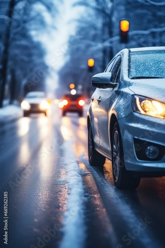 Dynamic shot of a car maneuvering in winter city traffic after rain by Generative AI © sonatik