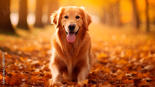 golden labrador retriever dog on autumn leaves