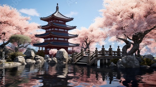 A tranquil pagoda nestled amongst cherry blossoms, with a koi pond reflecting the azure sky