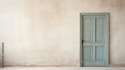 The dilapidated wall of the building and the wooden door require major repairs. Facade of a house with damaged plaster. Photophone for retro shooting. Illustration for cover, card, interior design.