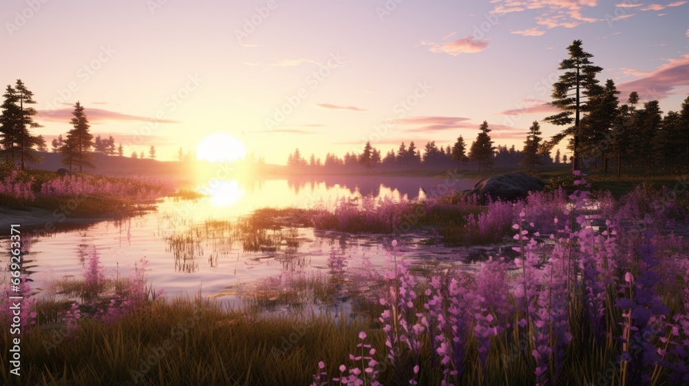 A tranquil sunset over a serene meadow with soft lavender hues