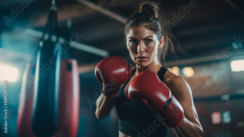 woman in boxing gloves in the gym, training.