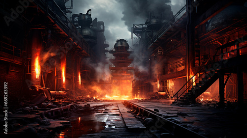 old rusty iron factory with burning smoke, dark background