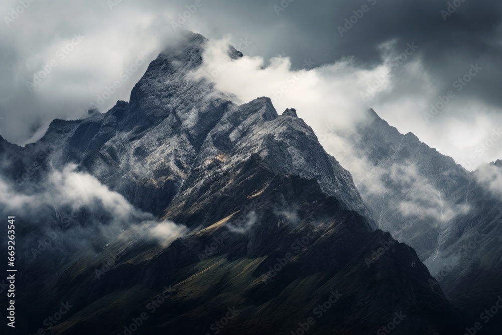 Dramatic clouds enveloping mountain peaks, ideal for weather and nature themes.
Dramatic clouds enveloping mountain peaks, ideal for weather and nature themes.