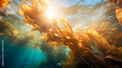 underwater view of beautiful sea and seaweed