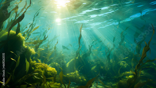 underwater view of beautiful sea and seaweed