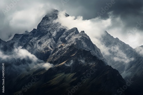 Dramatic clouds enveloping mountain peaks, ideal for weather and nature themes.