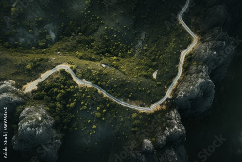 Bird's-eye view of a winding mountain road, perfect for travel and adventure themes.