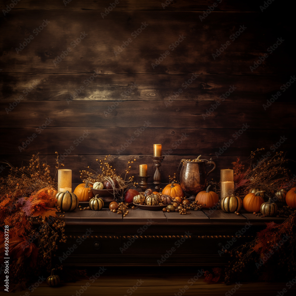 A festive Thanksgiving scene showing pumpkins, candles and decorated gold and bronze ornaments. A textured wooden background that offers generous space for copy. Ideal for holiday marketing.