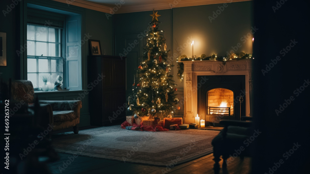 Christmas Tree With Decorations Near A Fireplace with Lights.