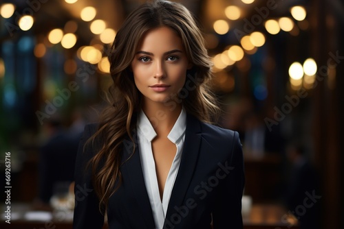 A businesswoman stares pensively into the camera.