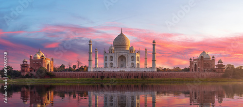 Famous Taj Mahal on sunset, view from the river Yamuna, Agra, India photo