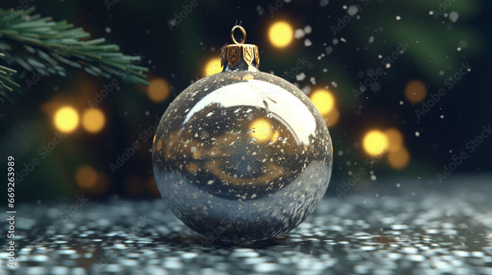 Décoration de Noël, boule de Noël argent, sapin. Paysage hivernal, ambiance chaleureuse. Pour conception et création graphique. Décoration de Noël, boule de Noël argent, sapin. Paysage hivernal, ambiance chaleureuse. Pour conception et création graphique.