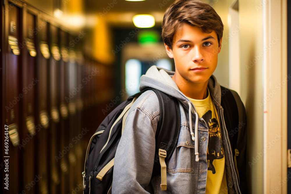 Jeune garçon, collégien, adolescent  avec un sac a dos dans son établissement scolaire - obrazy, fototapety, plakaty 