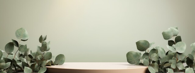 Podium background product cosmetic green platform display blue stand stage presentation mockup. Product pedestal eucalyptus background podium white 3D beauty minimal scene leaves studio photo design.