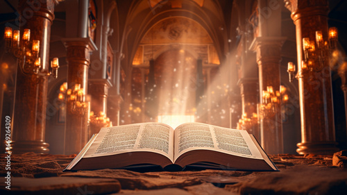 open book on table in old church with sunlight