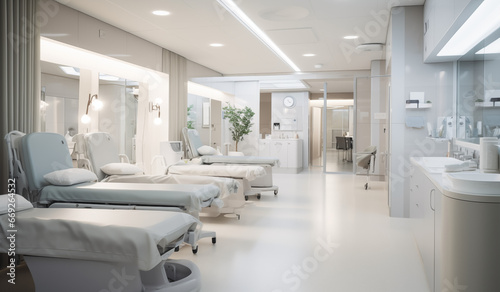 Interior of modern hospital room or ward with beds in warm, soft tones and white lights © julio