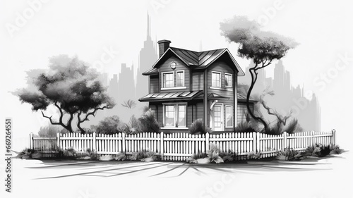 Two one story residential house black and white design illustration picture AI generated art photo