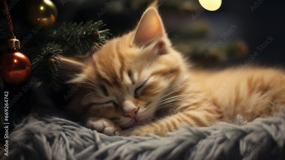 Little ginger kitty kitten fluffy domestic cat sleeps next to the Christmas tree fir branches. Magic Christmas night with garland lights. New Year Eve and Merry Christmas holiday celebration.