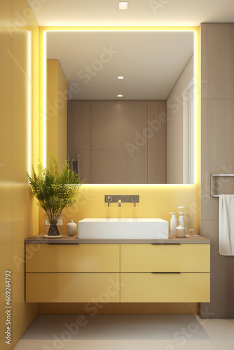 Interior of bathroom suare with big mirror on yellow wall in modern house.