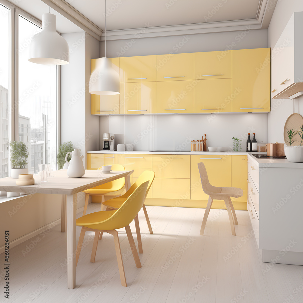 Interior of a kitchen in yellow and white colors in modern appartment.