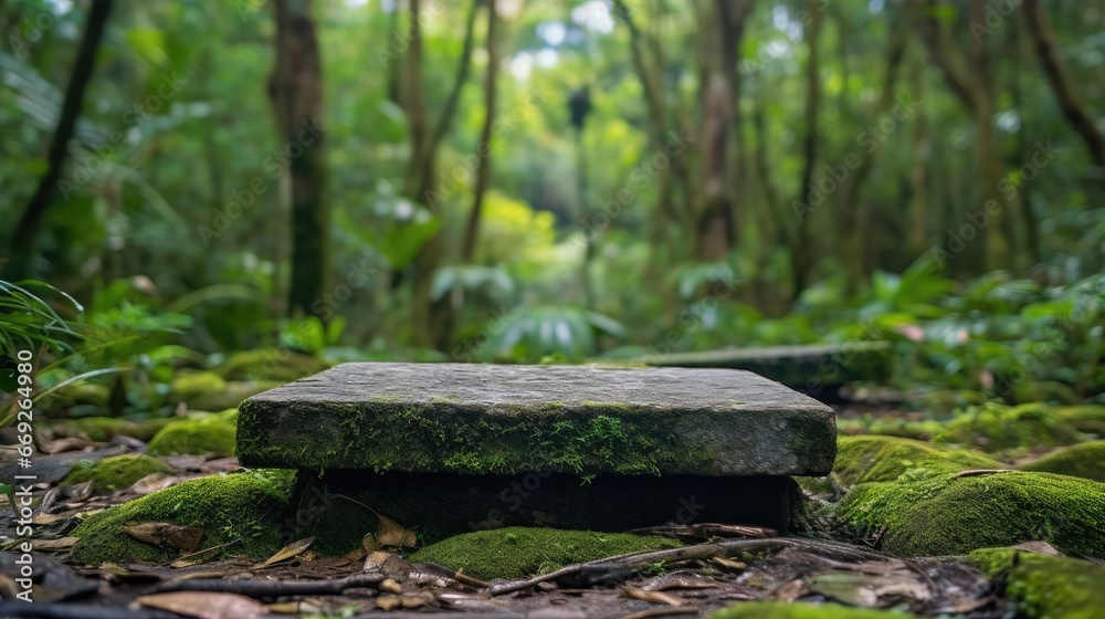 Old wood and stone bench mockup forest background platform Old wood and stone bench mockup forest background platform